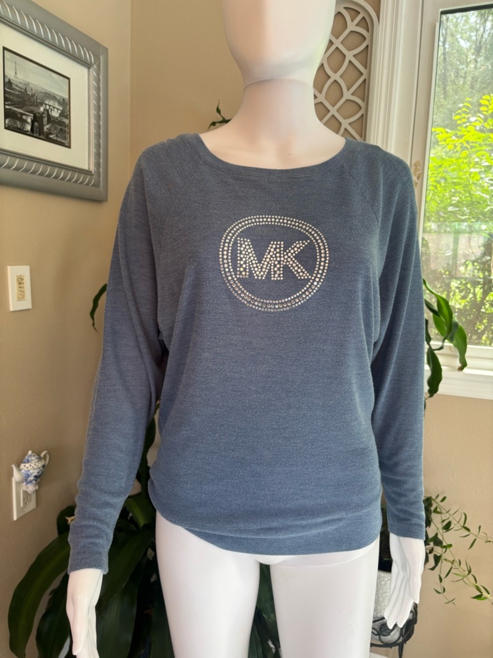 Michael Kors Dusty Blue Rhinestone MK Crewneck Sweater